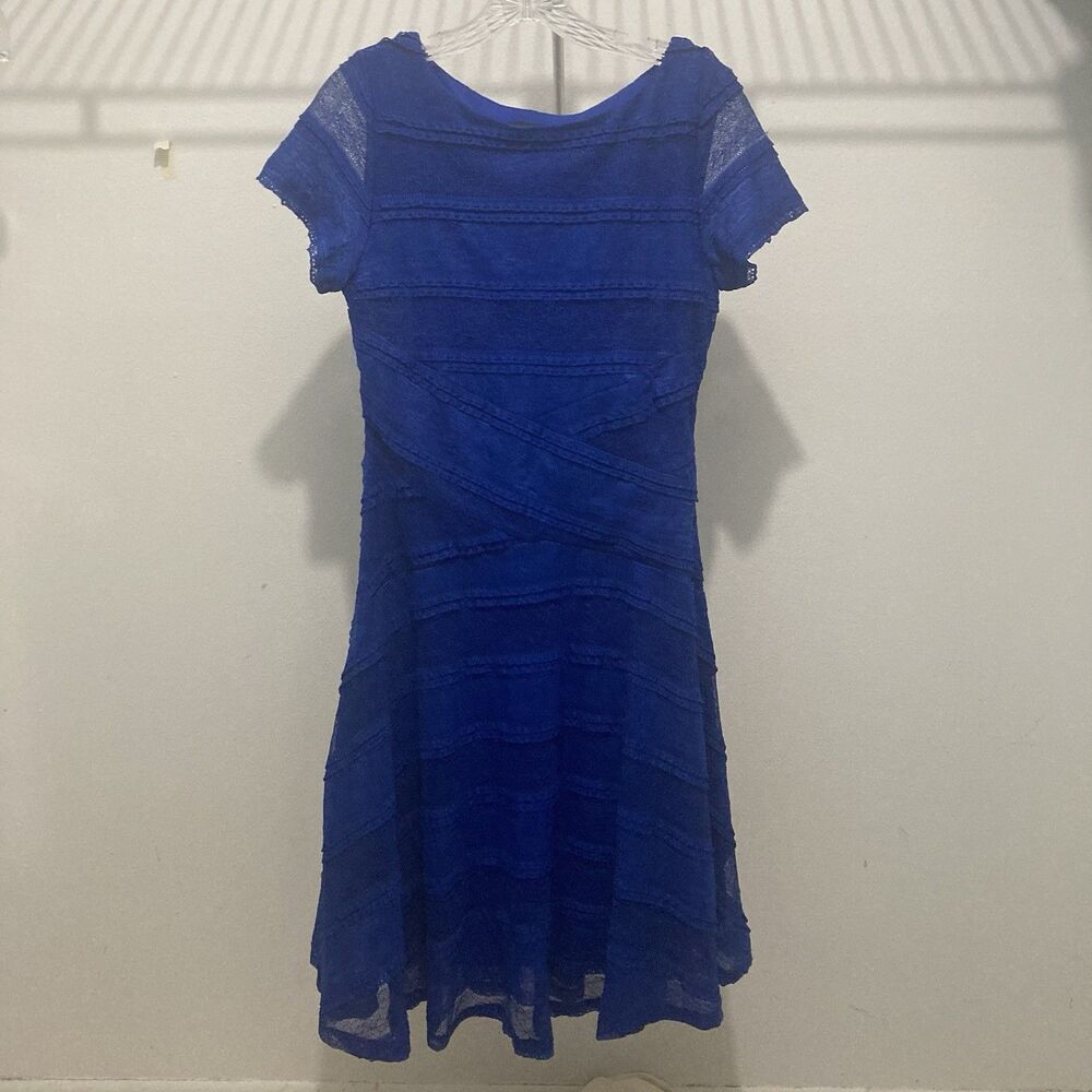 Sangria Blue Floral Lace Overlay Round Neck Short Sleeve Dress 6